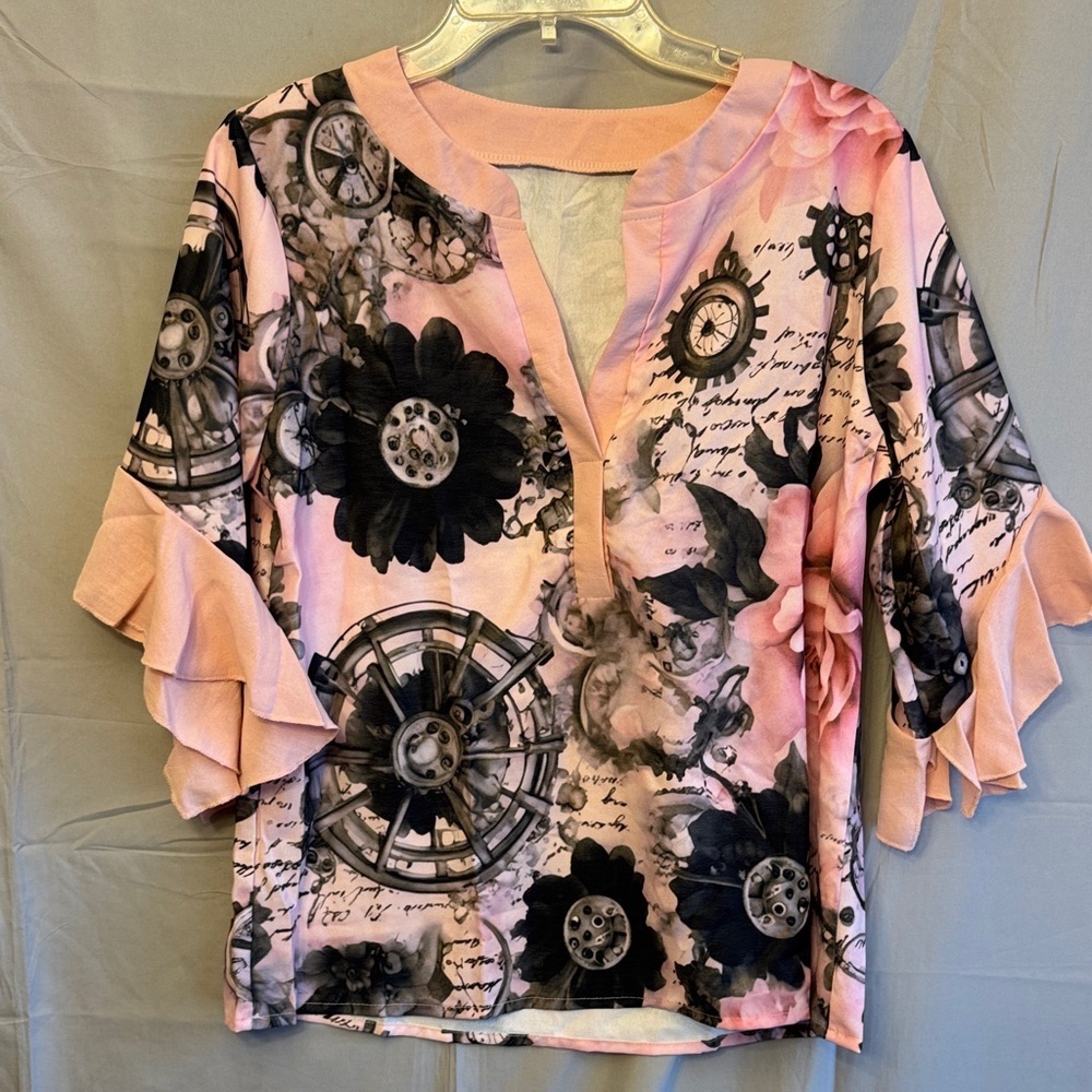 ❤️Elegant Floral Women's Blouse - Pink and Black